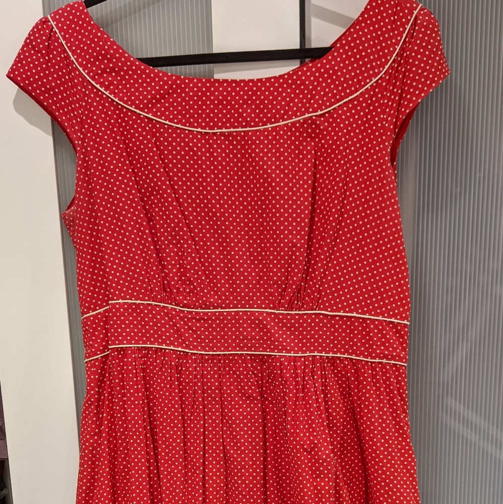 50's style red and white polkadot dress with pockets